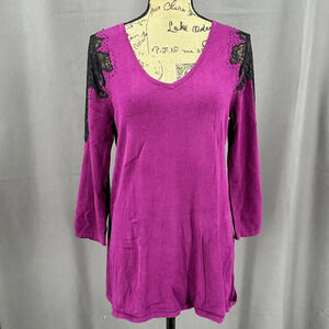 Cable &‎ Gauge Sweater Women Medium Purple Black Lace Beaded Lightweight Knit